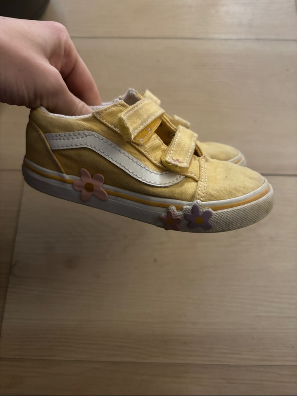 Vans Kids Yellow Canvas Velcro Sneakers with Flower Accents
